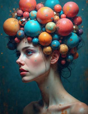 The primary subject of the image is a woman with a unique and artistic hairstyle. She has a head full of colorful balls, giving her a whimsical and creative appearance. The setting appears to be a dark room, which adds to the dramatic and mysterious atmosphere of the scene. The visual style of the image is a combination of digital art and illustration, showcasing the woman's striking hairstyle and the vibrant colors of the balls. The overall mood of the image is one of